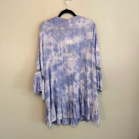 Raviya Women's Blue Tie-Dyed Lace Trim Bell-Sleeve Tiered Cover-Up Medium NWT - Picture 6 of 12